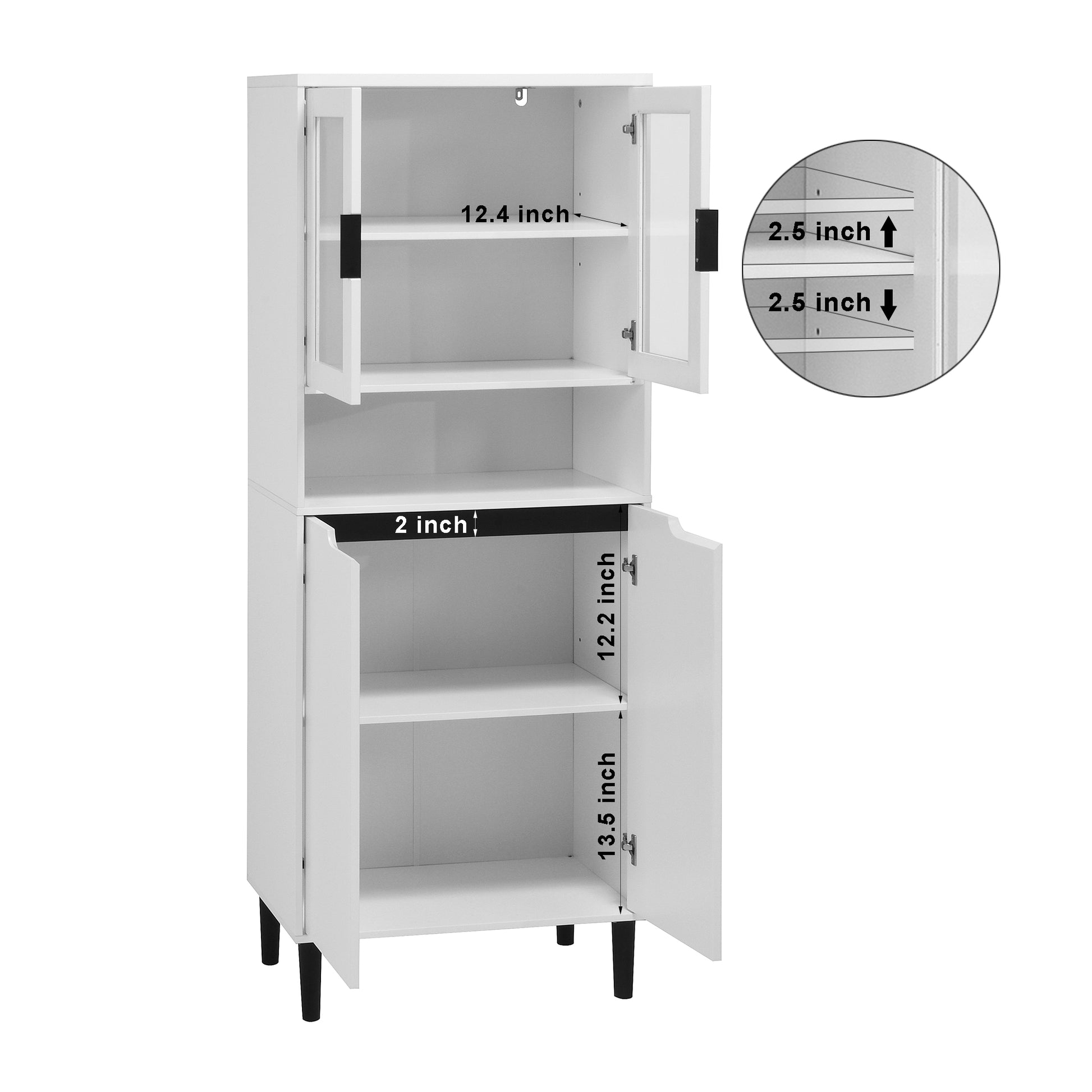 Tall Storage Show Cabinet With 2 Glass Display Door & 2 Doors, Tall Kitchen Pantry Cabinet With Gold Handles, Modern Cabinet Freestanding For Bathroom, Dining Living Room, White White Mdf