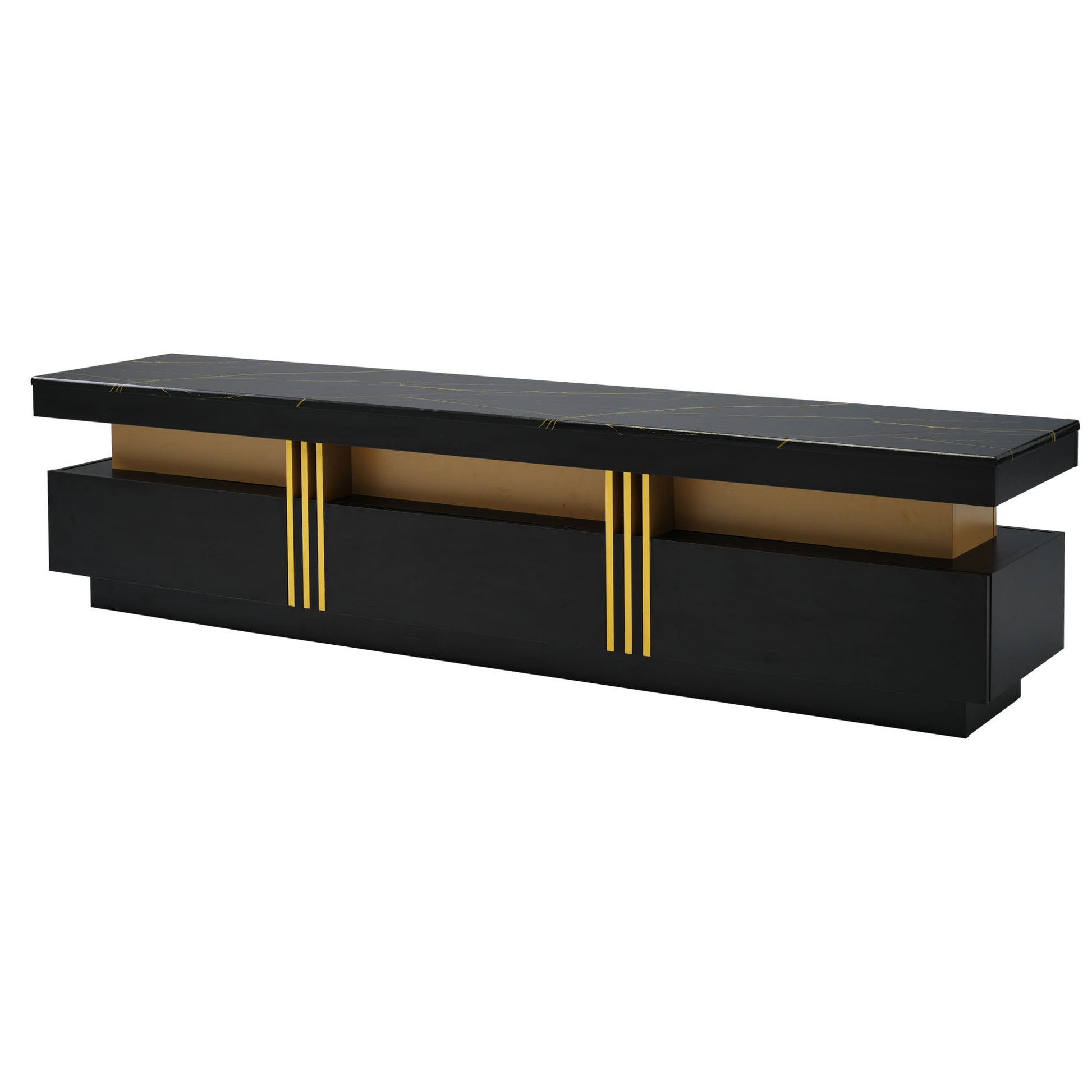 Luxury Tv Stand With High Gloss Faux Marble Top For Tvs Up To 78'', Rectangle Media Console With Golden Panel Design, Practical Entertainment Center With 3 Drawers For Living Room, Black Black Gold 70 79 Inches 70 79 Inches Mdf