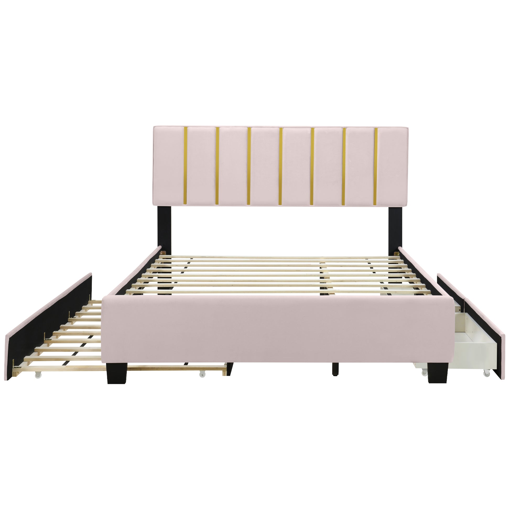 Queen Size Upholstered Platform Bed With 2 Drawers And 1 Trundle, Classic Metal Strip Headboard Design, Pink Queen Pink Mdf Lvl