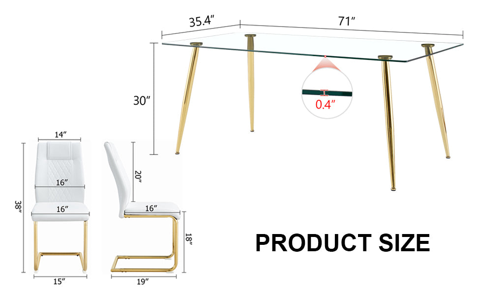 Table And Chair Set.Modern Rectangular Glass Dining Table With A Tempered Glass Tabletop And Metal Legs, Paired With Multiple Chairs Designed With Pu Cushions And Golden Metal Legs. White Gold Seats 6 Tempered Glass