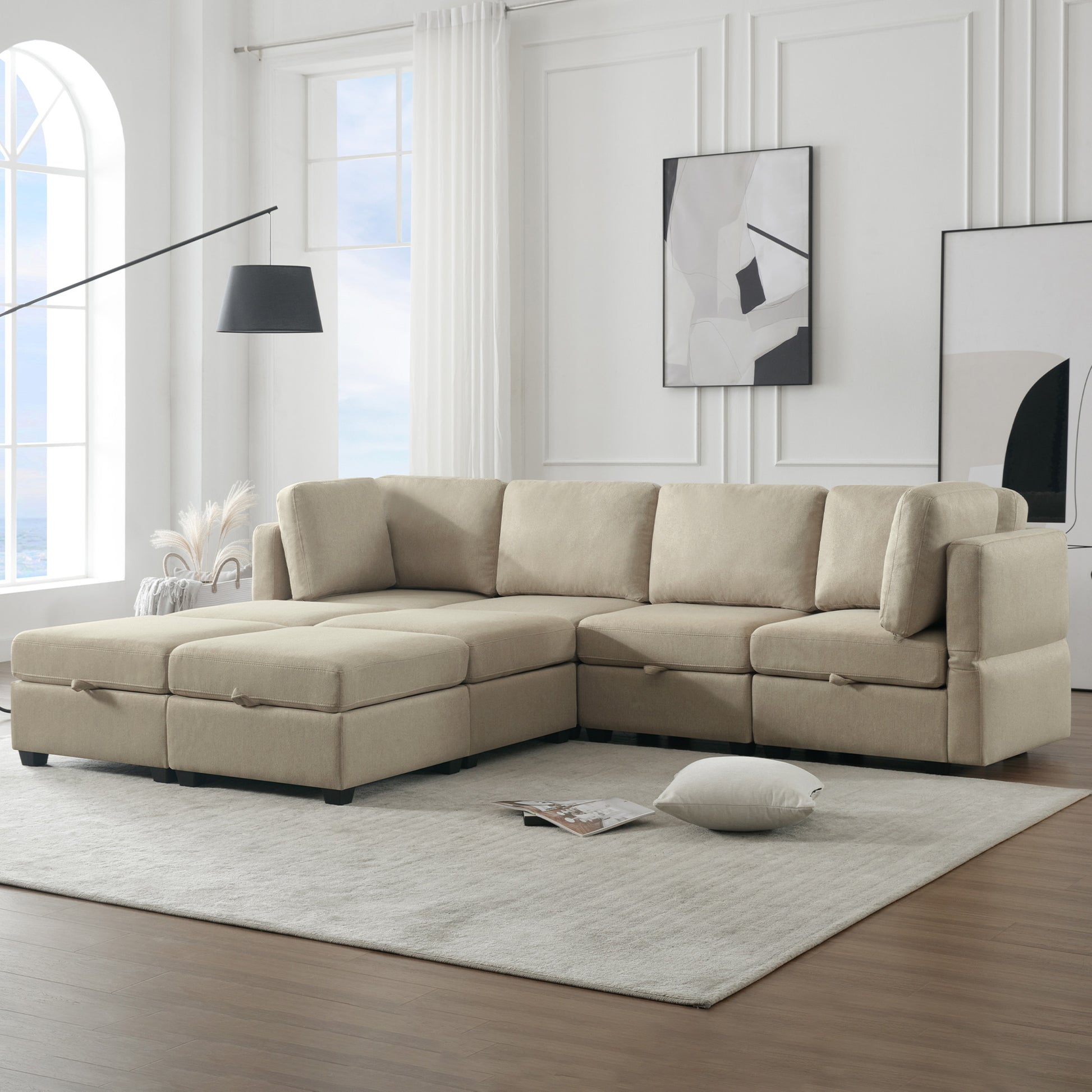 Modular Convertible U Shaped Sectional Sofa Couch With Storage Ottoman Corner Couch For Living Room, Adjustable Arms And Backs Beige Beige Polyester 4 Seat