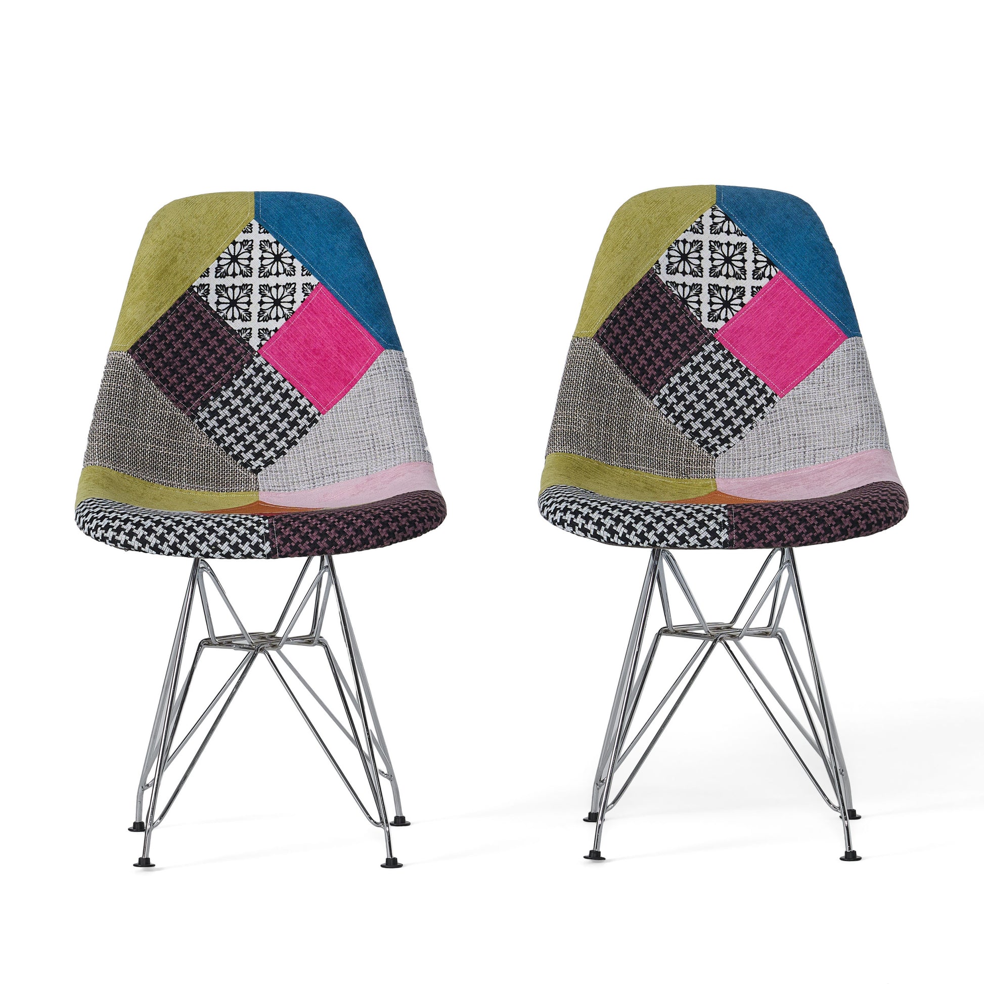 Patchwork Accent Chair Bohemian Style Fabric Chair With Chromed Legs Geometric Pattern Chair, 18D X 21W X 32H, Set Of 2 Colorful Fabric