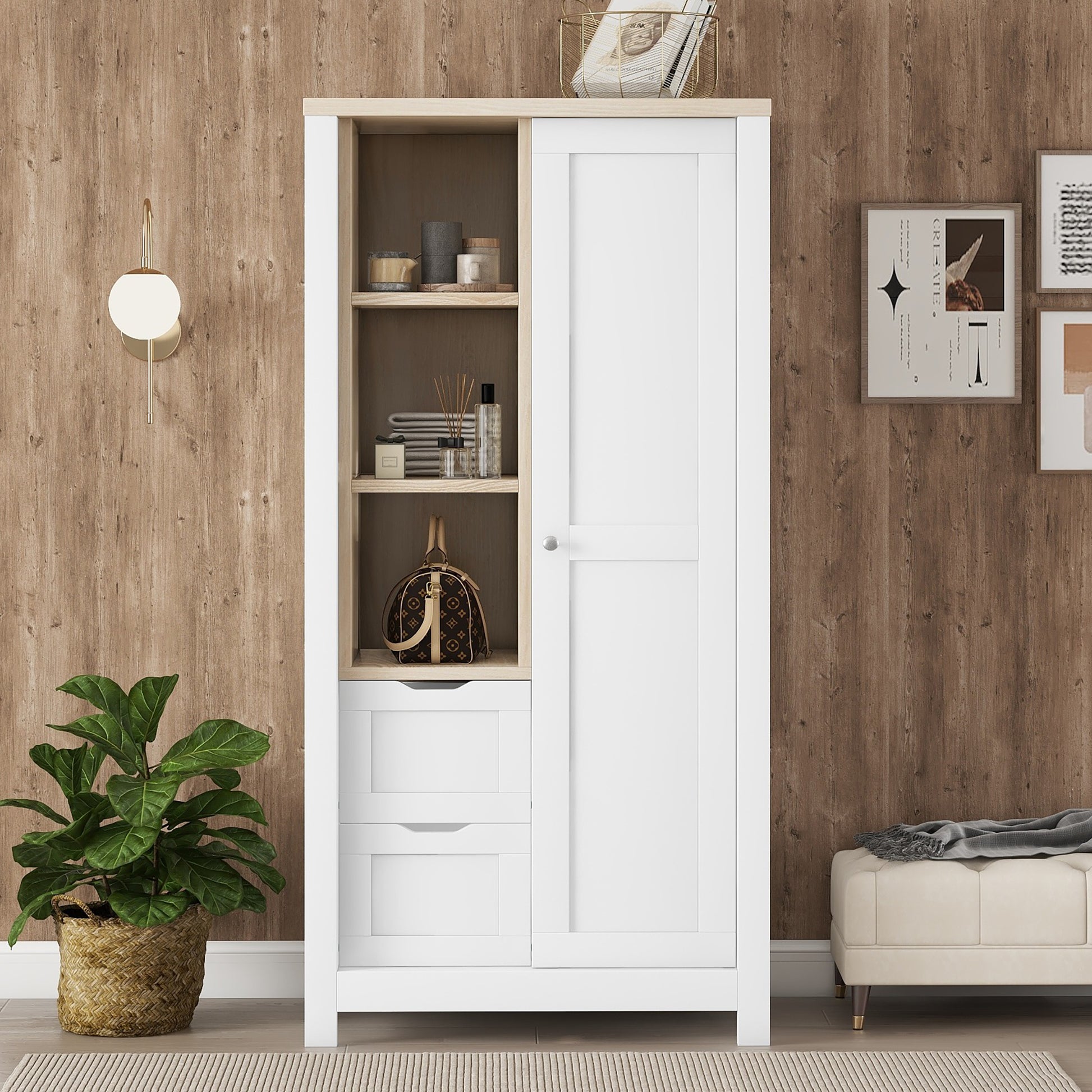 Bedroom Storage Wardrobe With Hanging Rods And 2 Drawers And Open Shelves,Sliding Door,White White Mdf