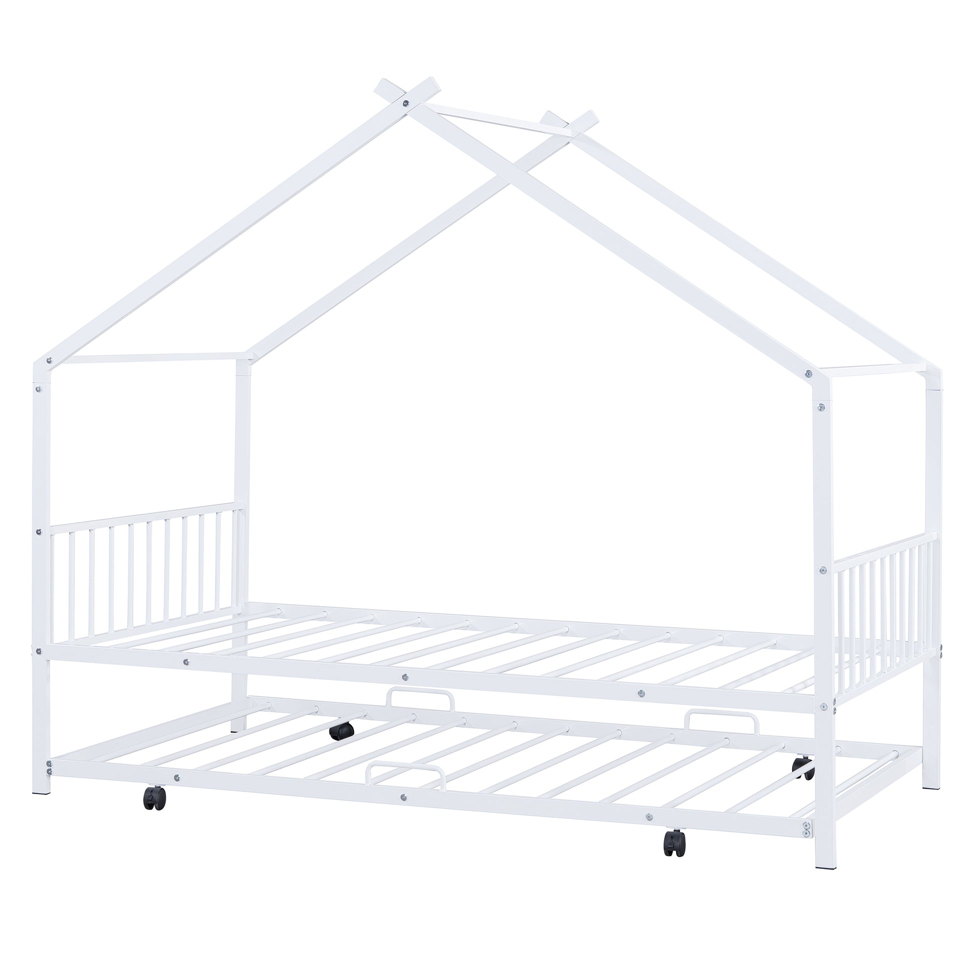 Twin Size Metal House Bed With Twin Size Trundle, White Twin White Metal
