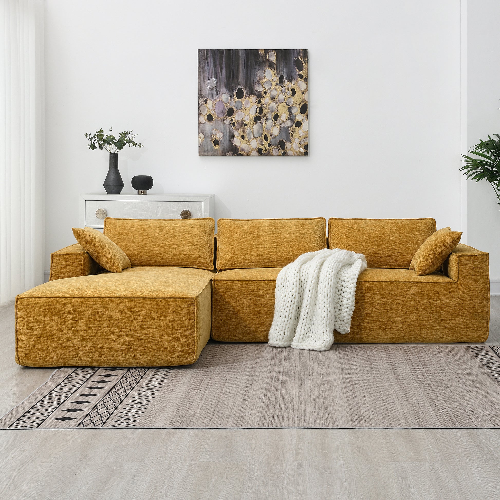 111.5*72"Minimalist Style Modular Sectional Sofa,Wrinkle Resistant Chenille Couch Set,L Shaped Sleeper Sofa Bed For Living Room,2 Pic Free Combination,No Assembly Require,3 Colors Yellow Chenille 4 Seat