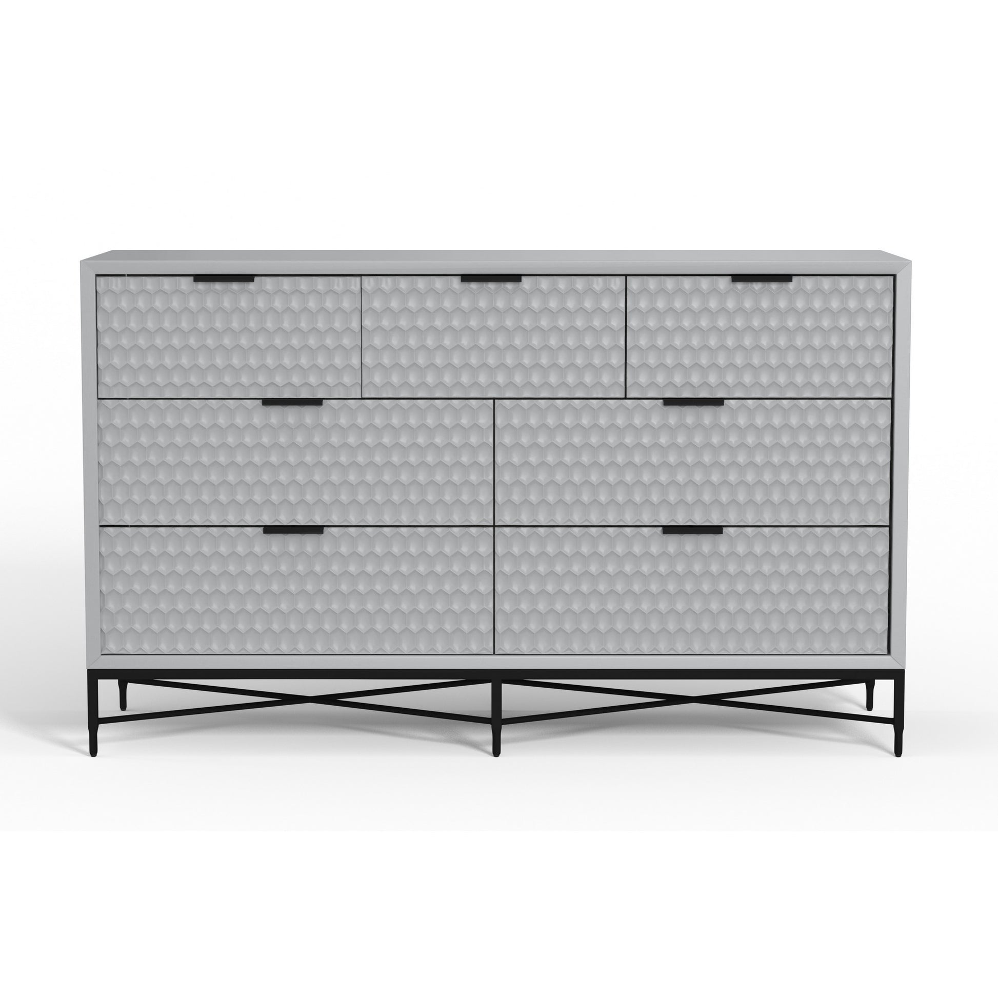 Rexi 56 Inch 7 Drawer Dresser, Honeycomb, Mahogany Wood, Light Gray, Black Black Gray Wood