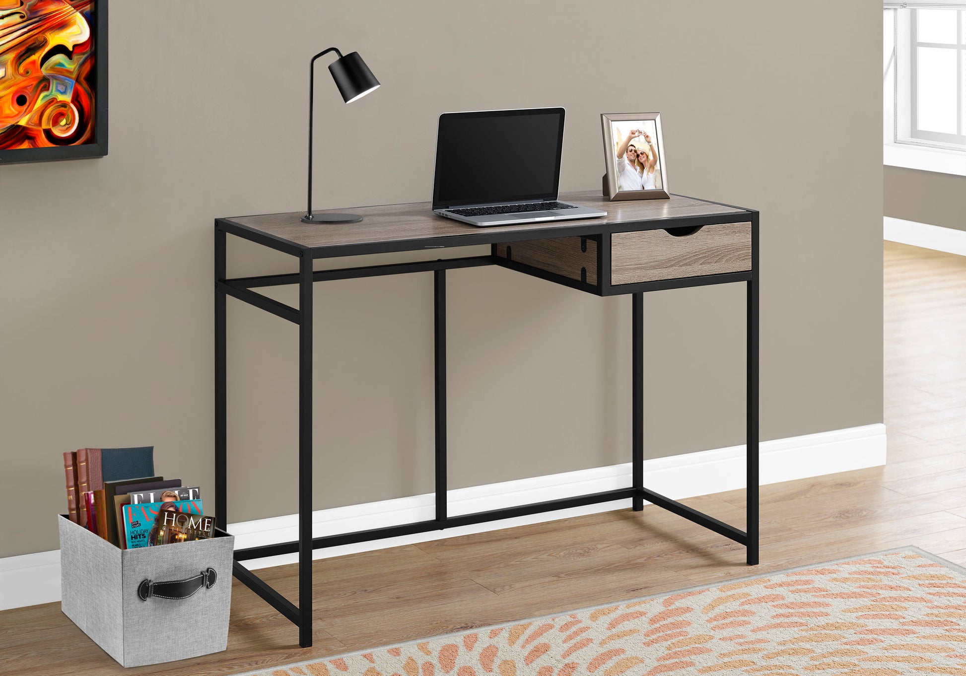 Computer Desk, Home Office, Laptop, Storage Drawer, 42"L, Work, Brown Laminate, Black Metal, Contemporary, Modern Taupe Mdf