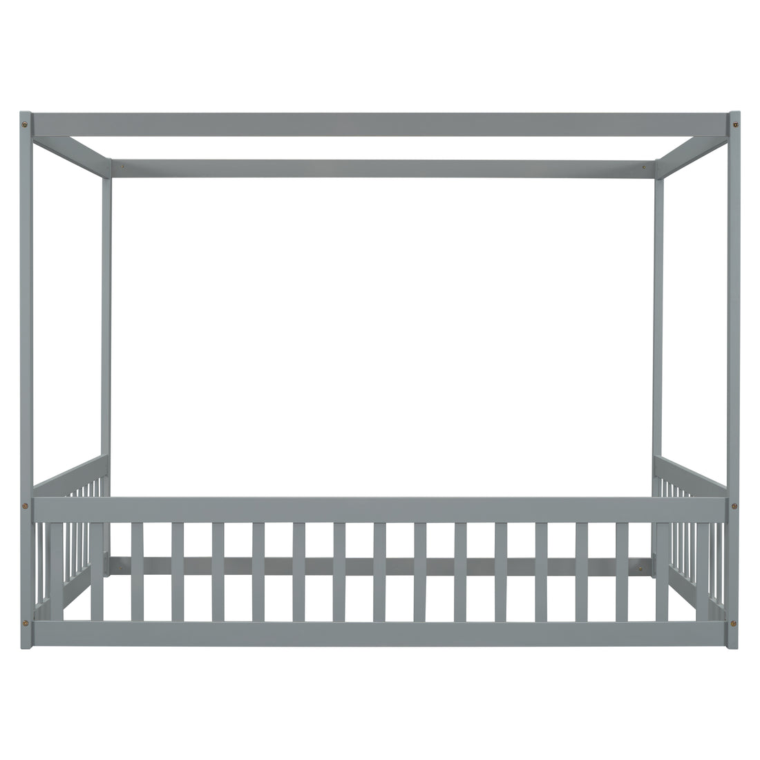 Full Size Canopy Frame Floor Bed With Fence, Guardrails,Grey Full Grey American Design Pine