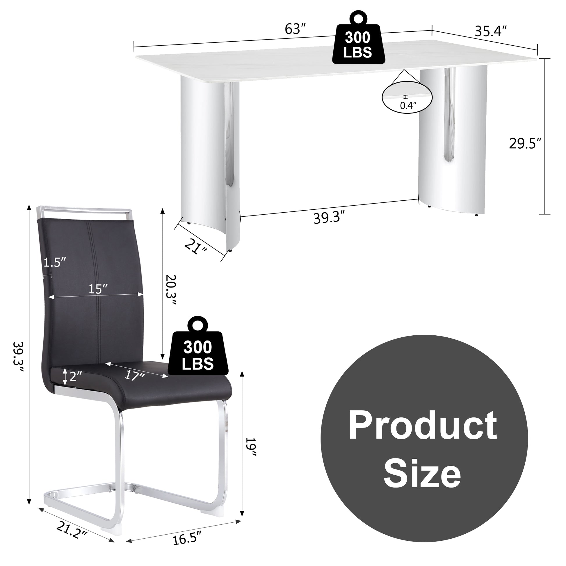 Modern Minimalist Dining Table. Imitation Marble Glass Sticker Desktop, Stainless Steel Legs, Stable And Beautiful. 4 Black Pu Seats. 63 "* 35.4" * 29.5 "Dt 69 C 1162 Silver Glass