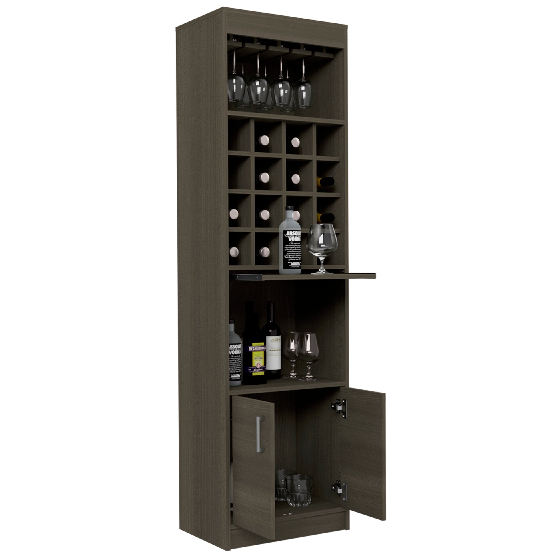 Kava Bar Cabinet, Concealable Serving Tray, Sixteen Built In Wine Rack, One Shelf, Double Door Smokey Oak Smoke Grey Particle Board Particle Board