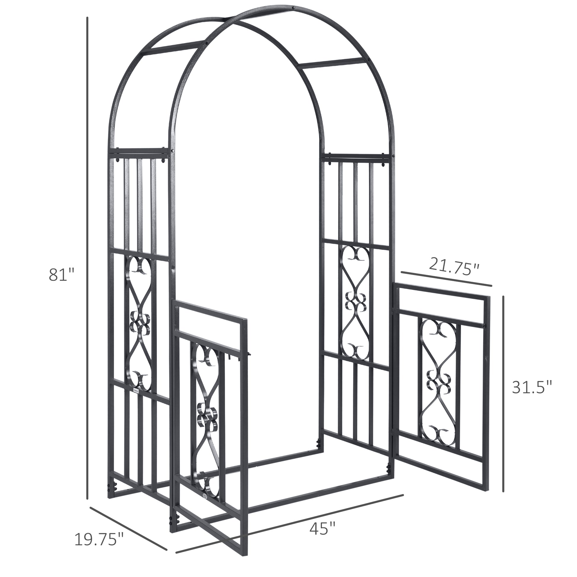 Outsunny 81" Metal Garden Arbor With Double Doors, Locking Gate, Climbing Vine Frame With Heart Motifs, Arch For Wedding, Bridal Party Decoration, Grey Black Steel