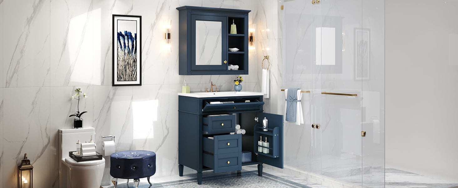 30'' Bathroom Vanity With Top Sink, Modern Bathroom Storage Cabinet With 2 Drawers And A Tip Out Drawer, Freestanding Vanity Set With Mirror Cabinet, Single Sink Bathroom Vanity 3 Blue 2 Mirror Included Bathroom Wall Mounted Modern Solid Wood Painted