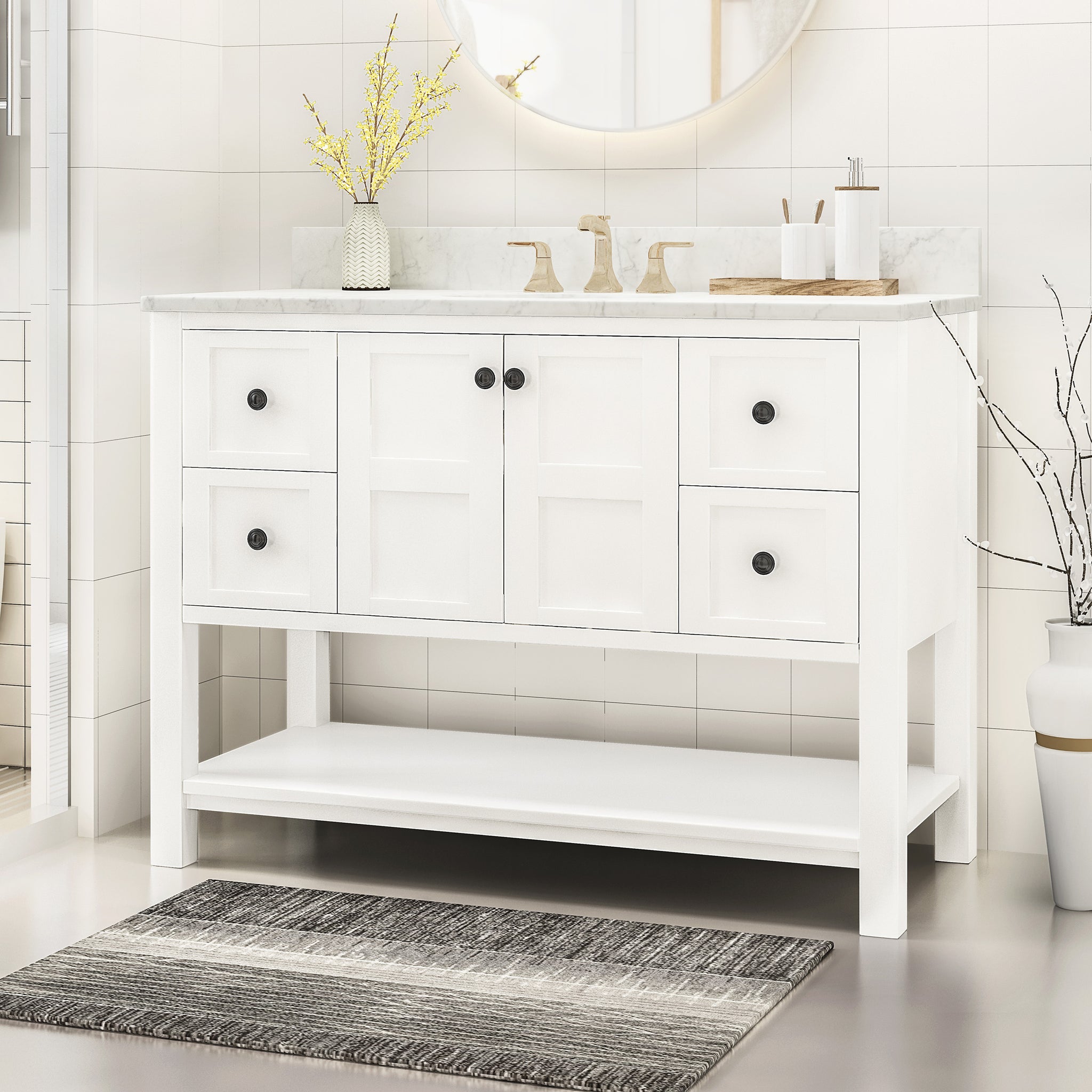 49'' Bathroom Vanity With Marble Top & Ceramic Sink, Two Doors, 4 Drawers, Open Shelf, White White Acacia Wood