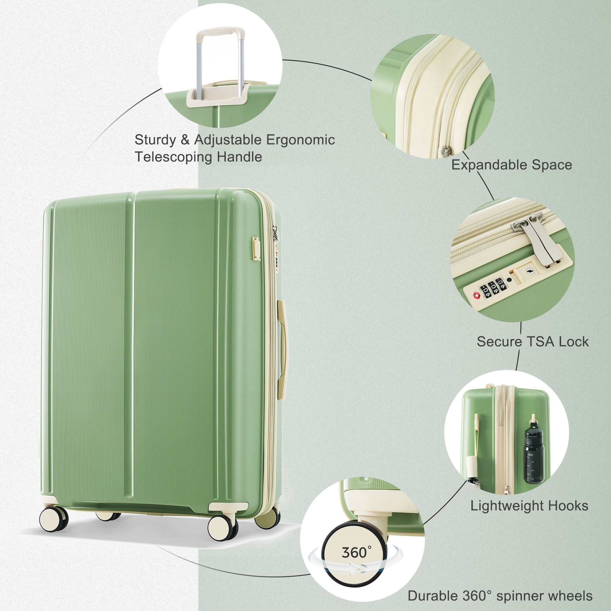 Luggage Sets 3 Piece Suitcase Set 20 24 28 With Usb Port,Carry On Luggage Airline Approved,Pp Lightweight Suitcase With Spinner Wheels,Green And Ivory Green Ivory Polypropylene