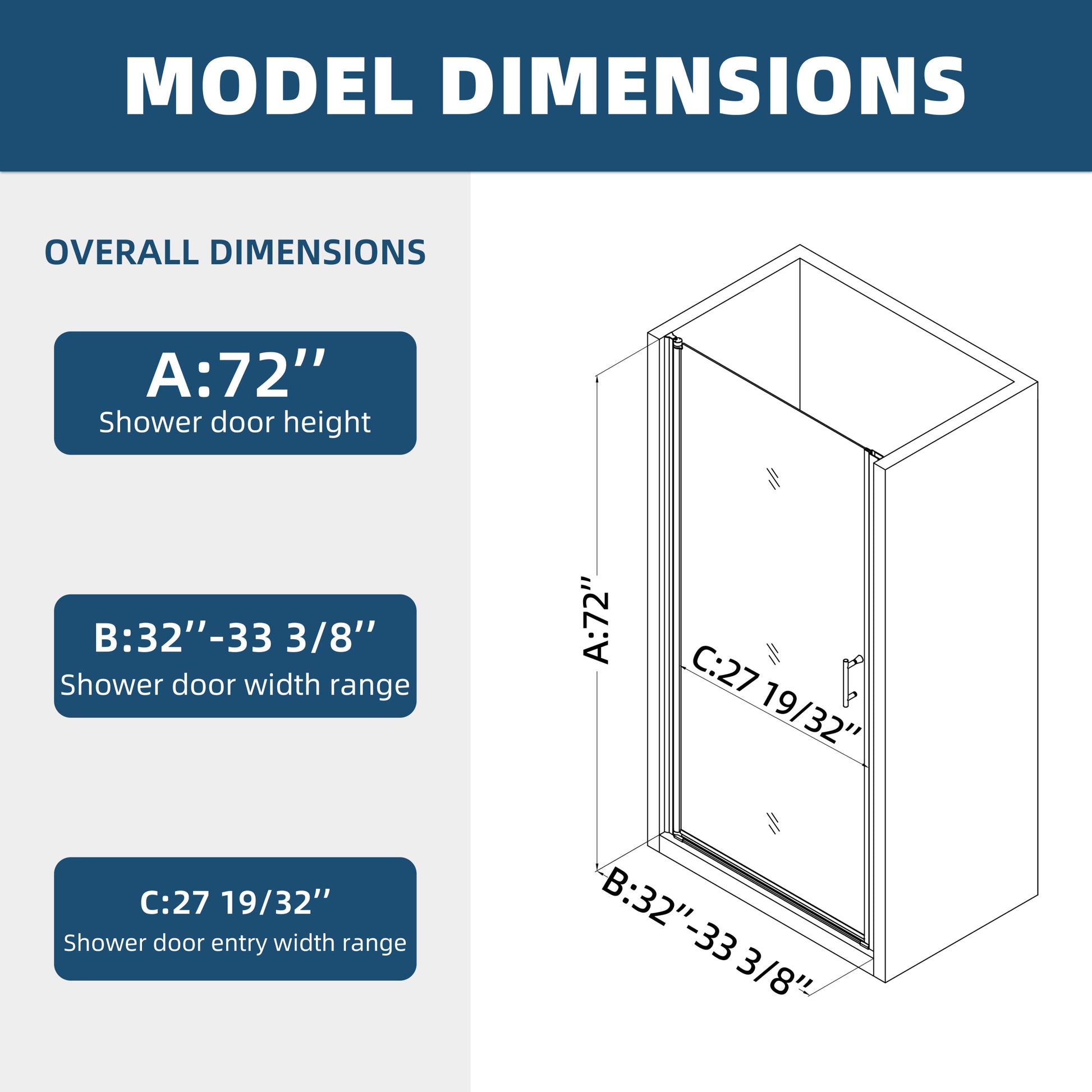 1 3 8" Adjustment,Universal Pivot Shower Door, Open Outside, With 1 4" Tempered Glass Chrome Aluminium Alloy