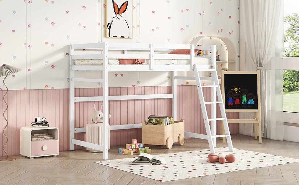 Twin Size High Loft Bed With Inclined Ladder, Guardrails,White Twin White American Design Pine