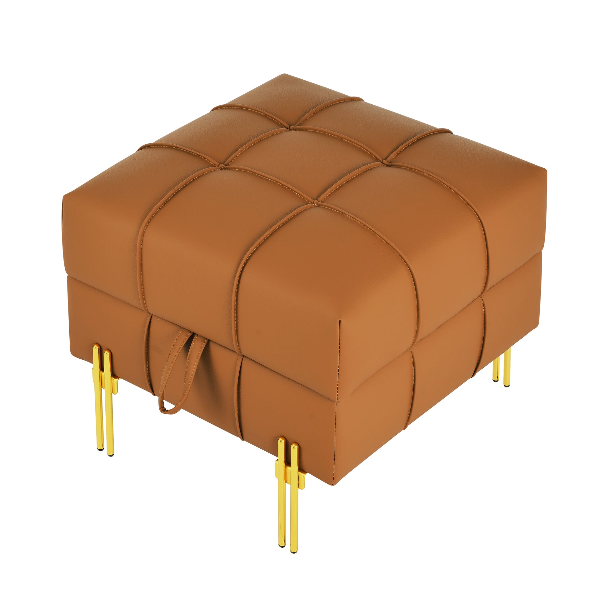 22 Inches Anti Scratch Leather Storage Ottoman, Pet Friendly Entryway Bench With Golden Stainless Steel Legs, Orange Orange Leather