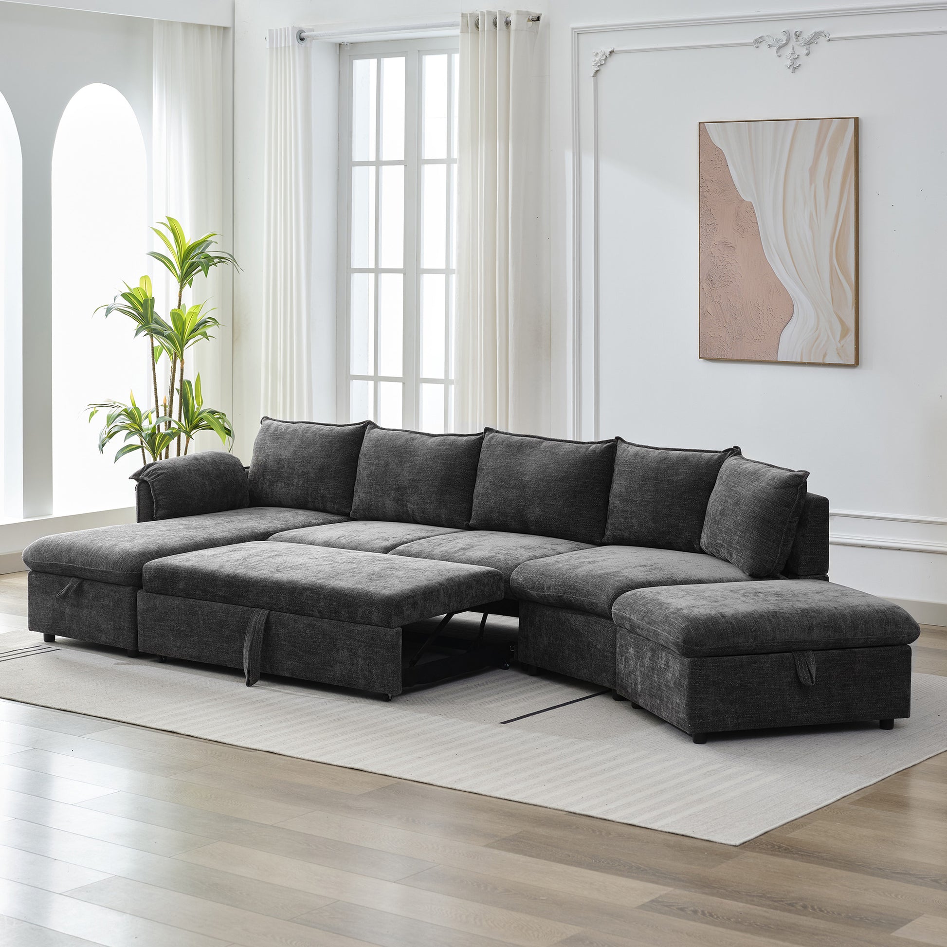 146.9" L Shaped Sofa Sectional Sofa Couch Pull Out Sofa Bed With A Movable Storage Ottoman, A Storage Chaise Lounge And Two Usb Ports For Living Room, Grey Grey Foam Linen 5 Seat