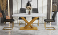 Table And Chair Set,Large Modern Minimalist Rectangular White Imitation Marble Dining Table With Mdf Top And Golden Legs,Dining Chairs,Gold Legged Upholstered Chairs Made Of Artificial Leather. Black Gold Seats 4 Mdf