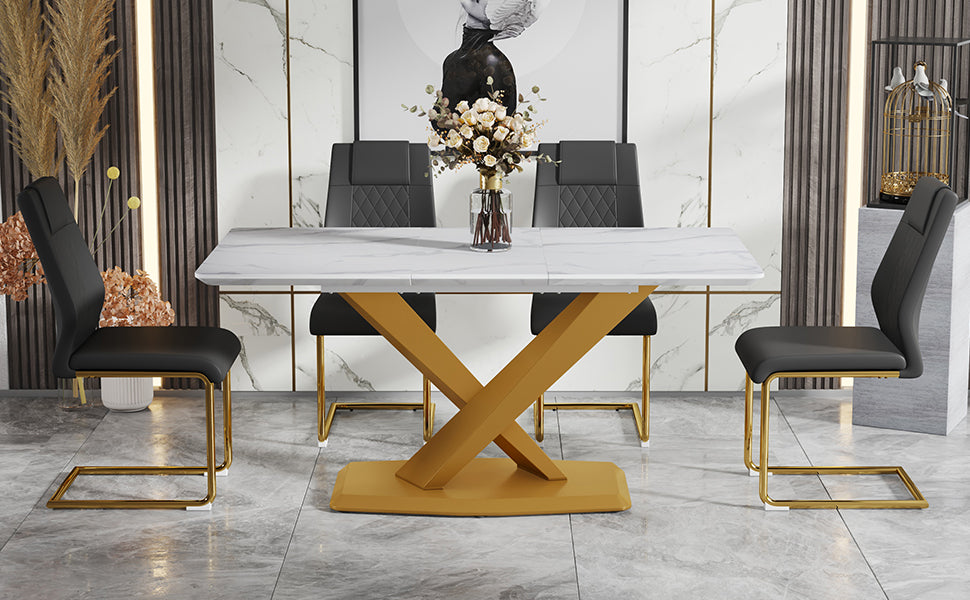 Table And Chair Set,Large Modern Minimalist Rectangular White Imitation Marble Dining Table With Mdf Top And Golden Legs,Dining Chairs,Gold Legged Upholstered Chairs Made Of Artificial Leather. Black Gold Seats 4 Mdf