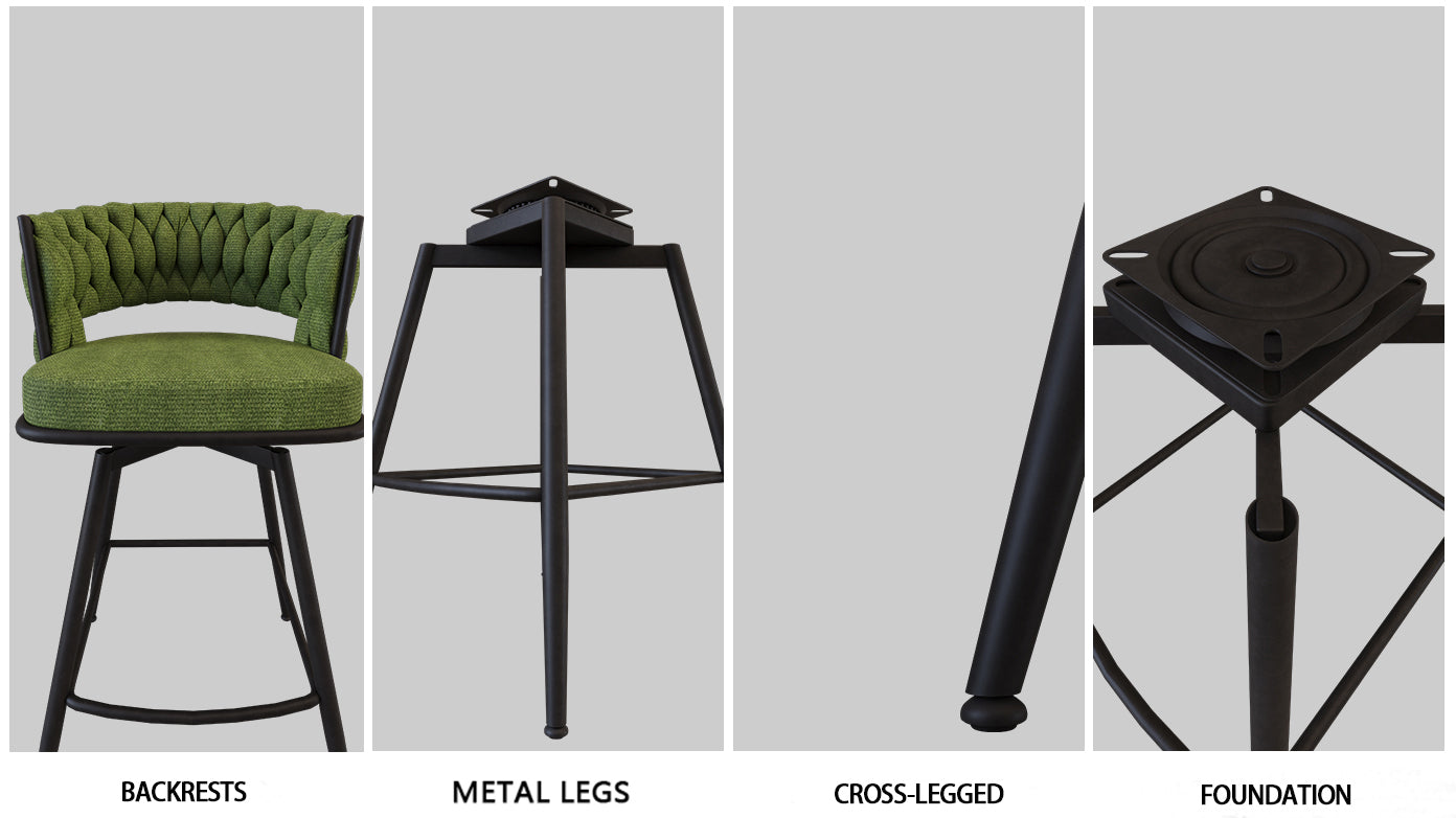 Bar Chair Suede Woven Bar Stool Set Of 4,Black Legs Barstools No Adjustable Kitchen Island Chairs,360 Swivel Bar Stools Upholstered Bar Chair Counter Stool Arm Chairs With Back Footrest, Green Metal Green Kitchen Dining Chairs Foam Technical Leather