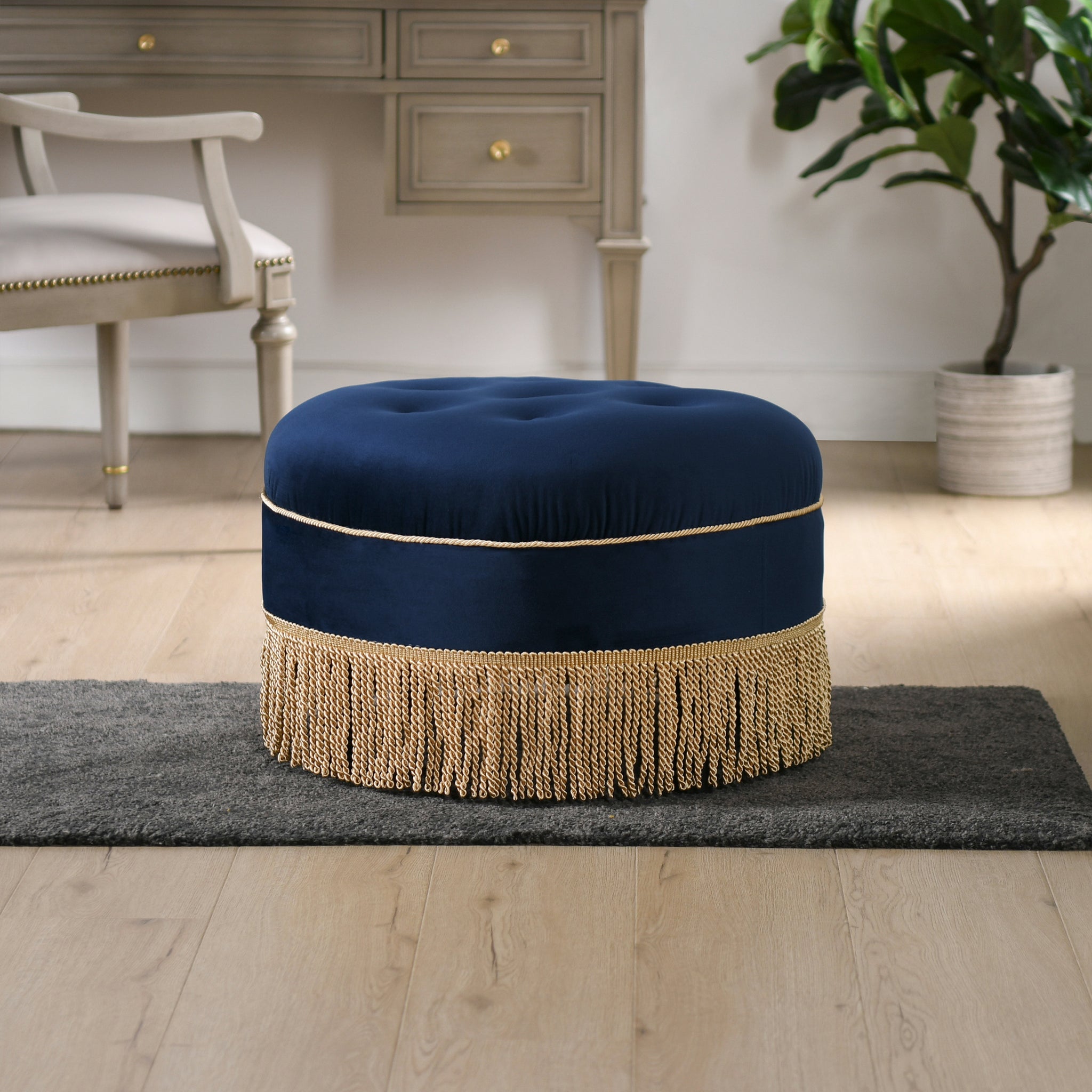 Yolanda 24" Round Upholstered Accent Ottoman, Navy Blue Velvet With Gold Trim Navy Blue Foam Velvet