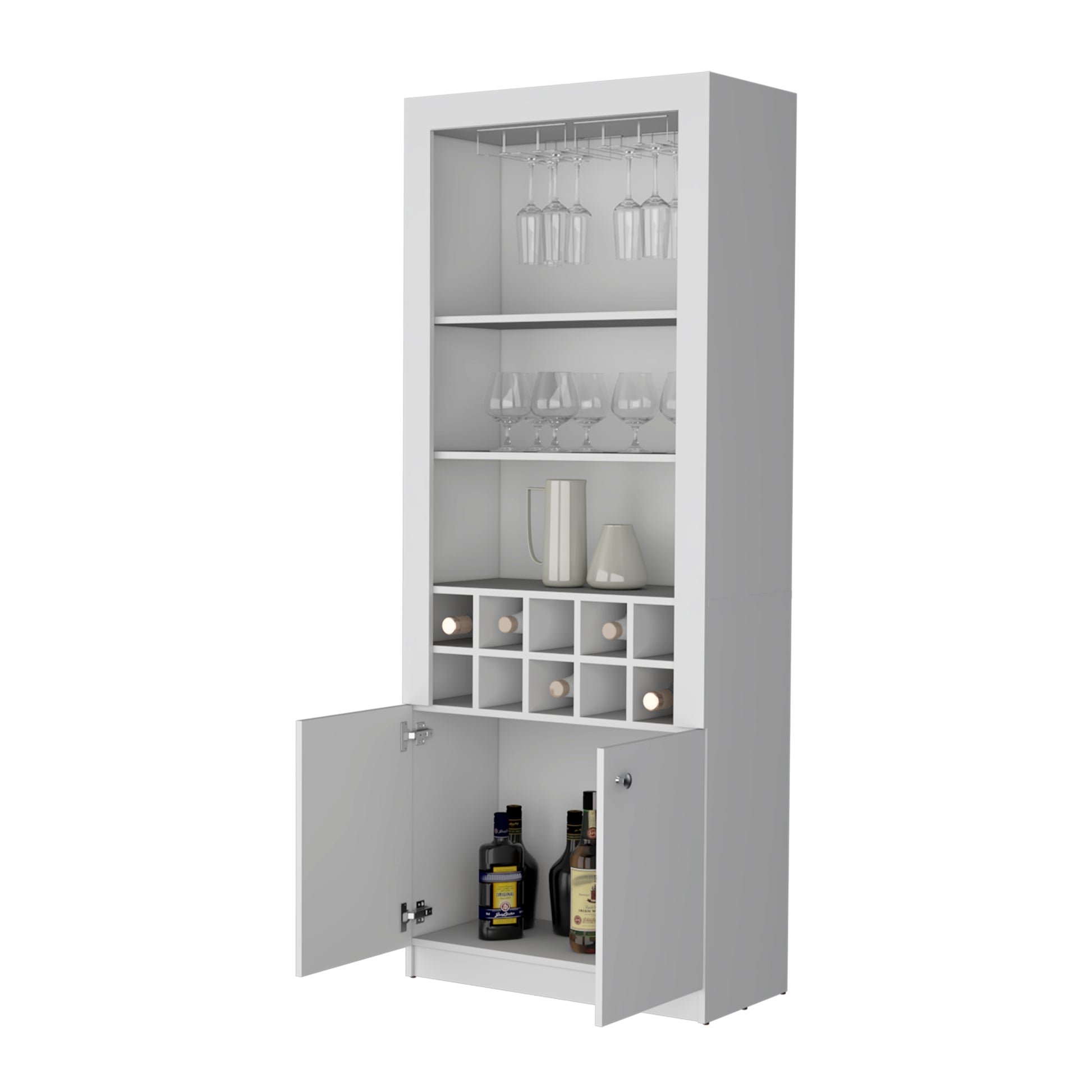 Cr Bar Cabinet, With Wine Storage And Thre Shelves Freestanding 5 Or More Spaces White Primary Living Space Open Storage Space Contemporary Particle Board Engineered Wood