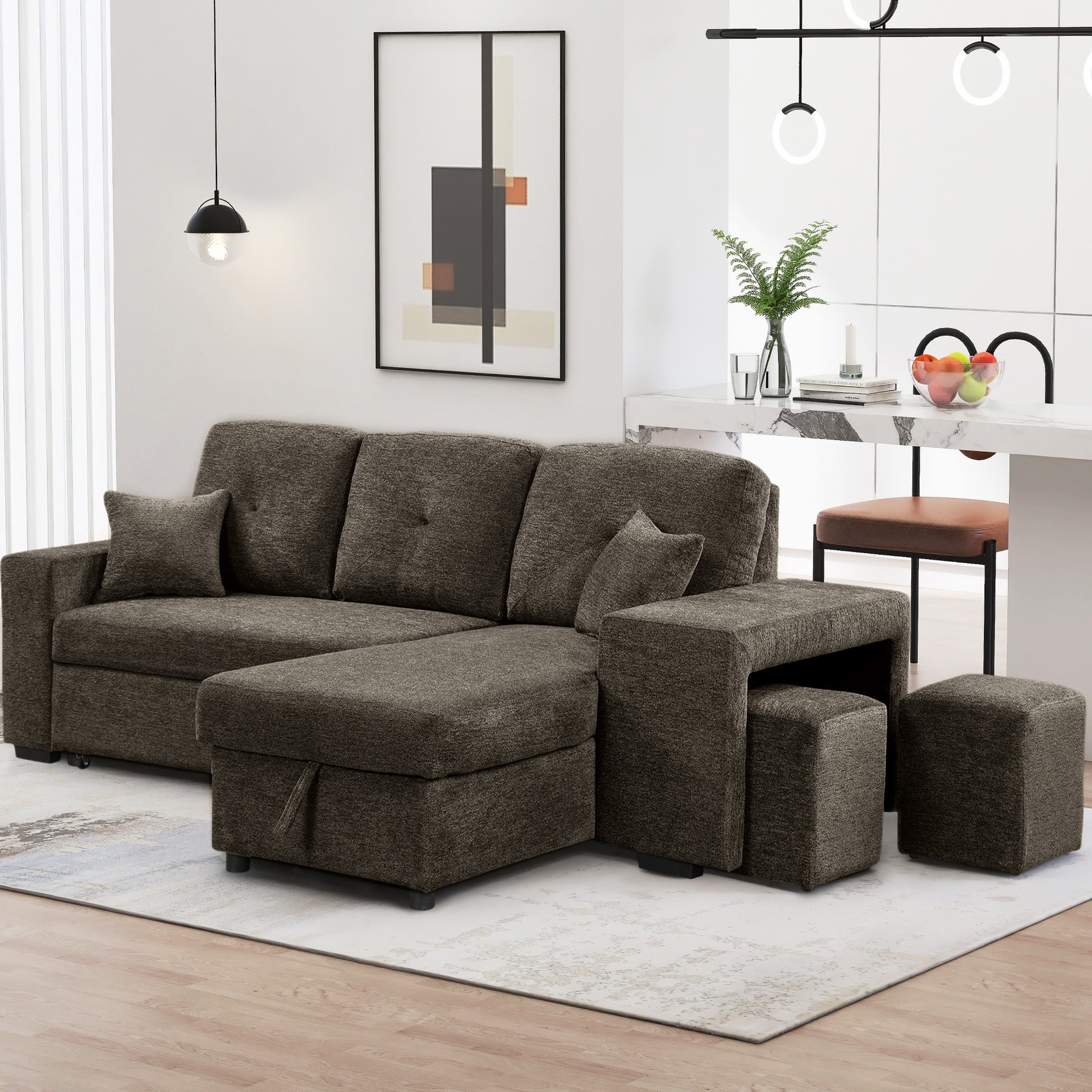 Reversible Sleeper Sectional Sofa Bed With Side Shelf And 2 Stools,Pull Out L Shaped Sofa Bed,Corner Sofa Bed With Storage Chaise Left Right Hande For Living Room,Knox Charcoal Knox Charcoal Foam Velvet 3 Seat