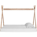 Pipa Modern Full Bed, Crossed Wood A Frame Tent Stand, Crisp White Base Brown White Engineered Wood