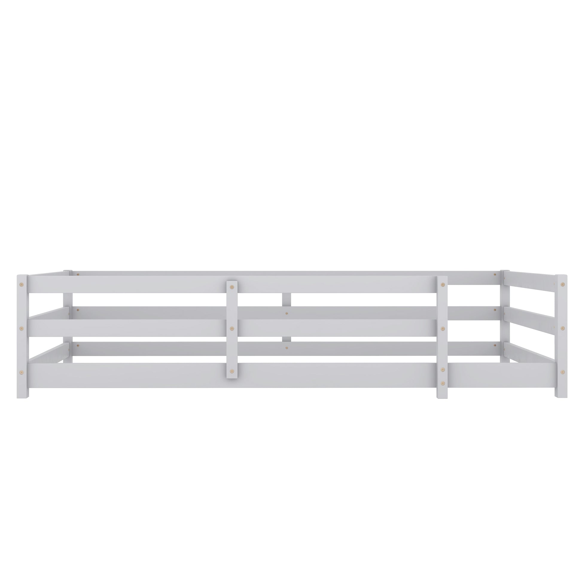 Twin Size Floor Bed, Montessori Floor Bed With Fence, Kids Montessori Bed Twin Size, Wood Montessori Floor Bed For Kids, Girls, Boys Gray Grey Wood Metal