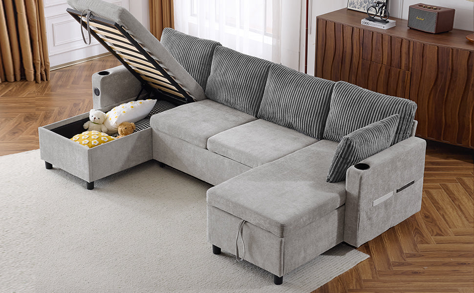 111.8" Sectional Sofa Pull Out Sofa Bed Versatile Sofa Sleeper With Large Storage Space, Two Usb Ports And Two Cup Holders For Living Room, Grey Grey Foam Chenille 4 Seat