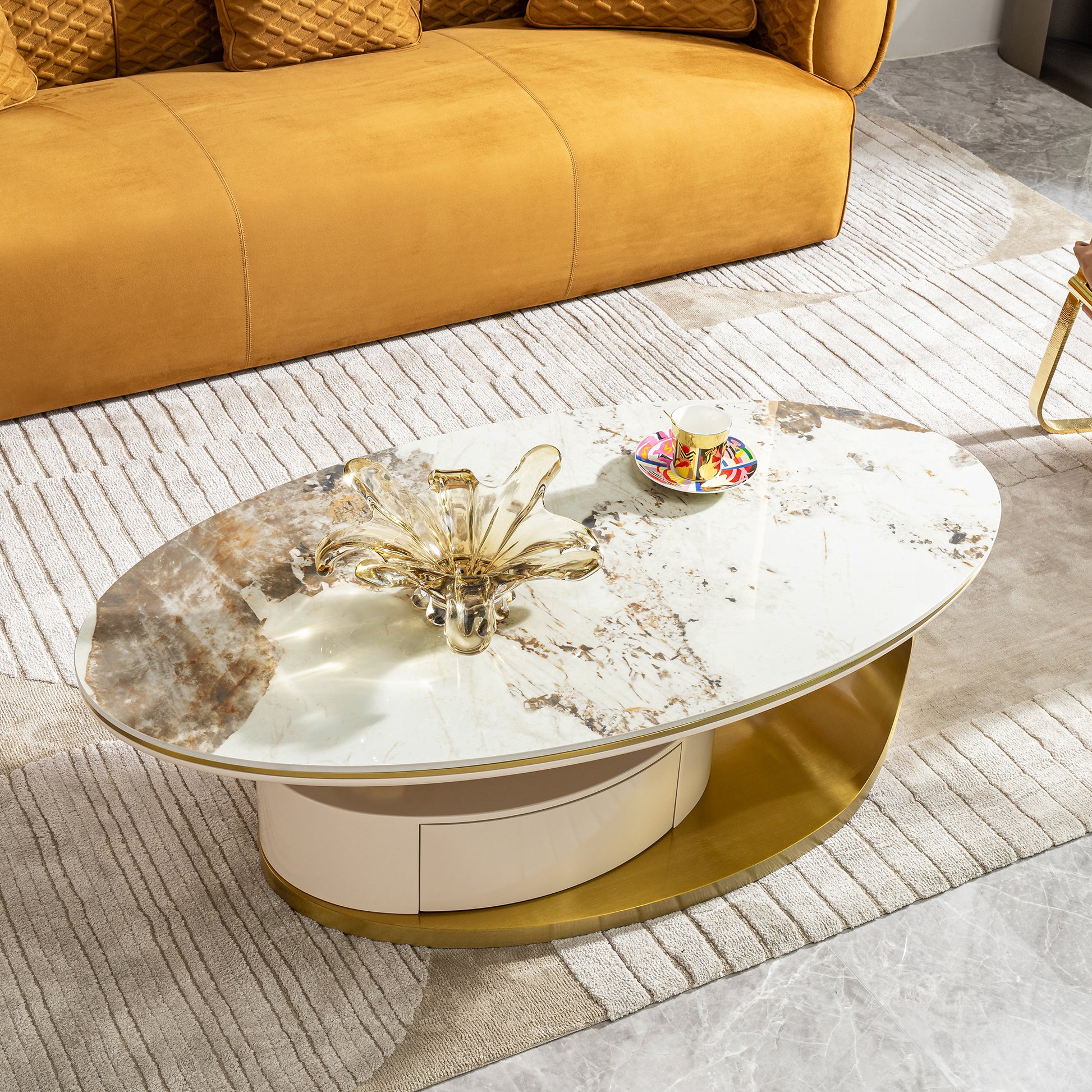 Modern 0.47" Thickness Sintered Stone Coffee Table With 2 Drawers,Matt Gold Stainless Steel Base Gold Primary Living Space Modern Drawers Coffee & End Tables Oval Stainless Steel