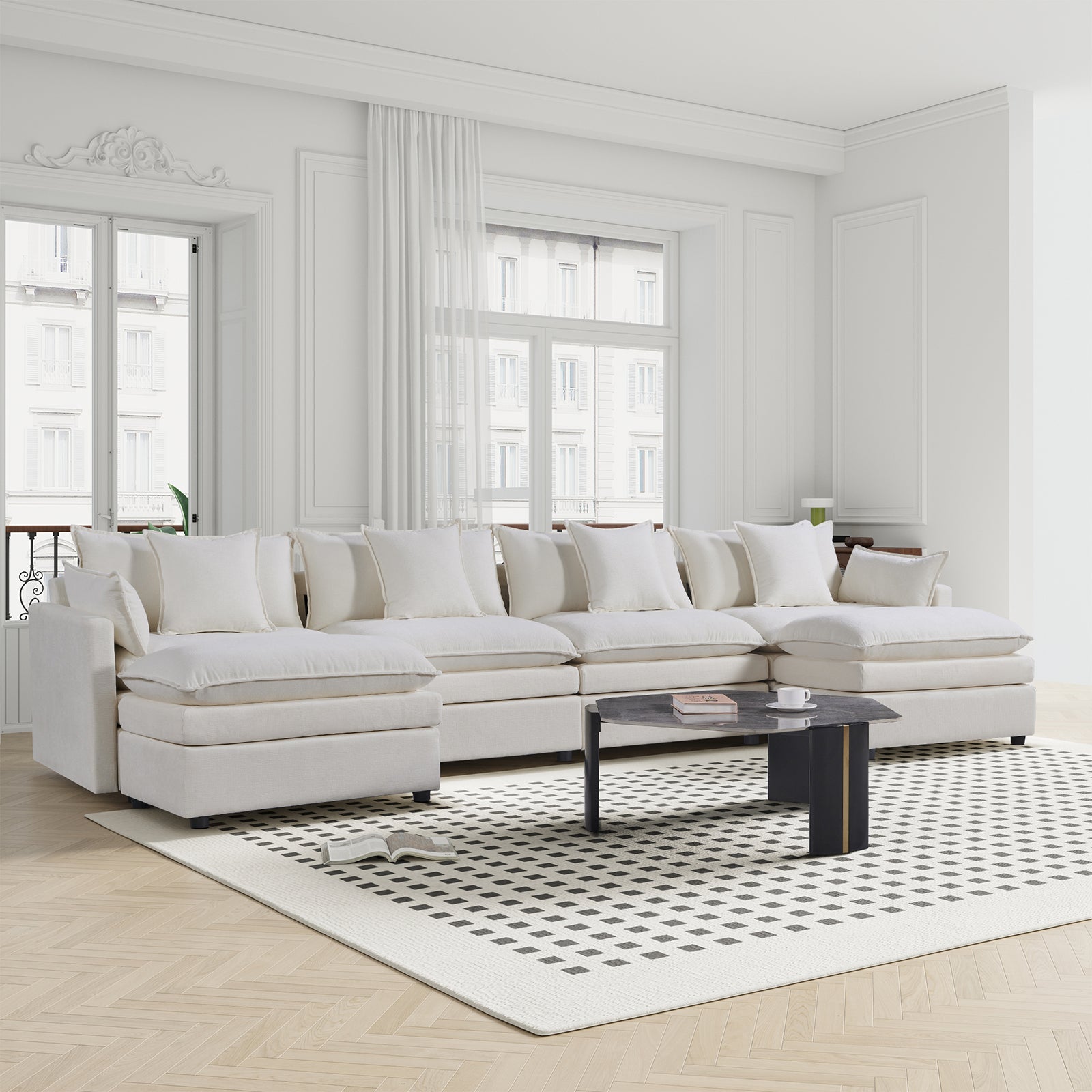 142.52"Modern Chenille U Shaped Sectional Sofa With Convertible Chaise, Comfy Cloud Couch Deep Sectional Sofa With Ottomans For Living Room White Wood Foam Chenille 4 Seat