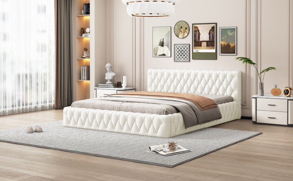 Queen Size Velvet Upholstered Platform Bed, With Luxurious Diamond Grid Headboard,Beige Queen Beige Plywood