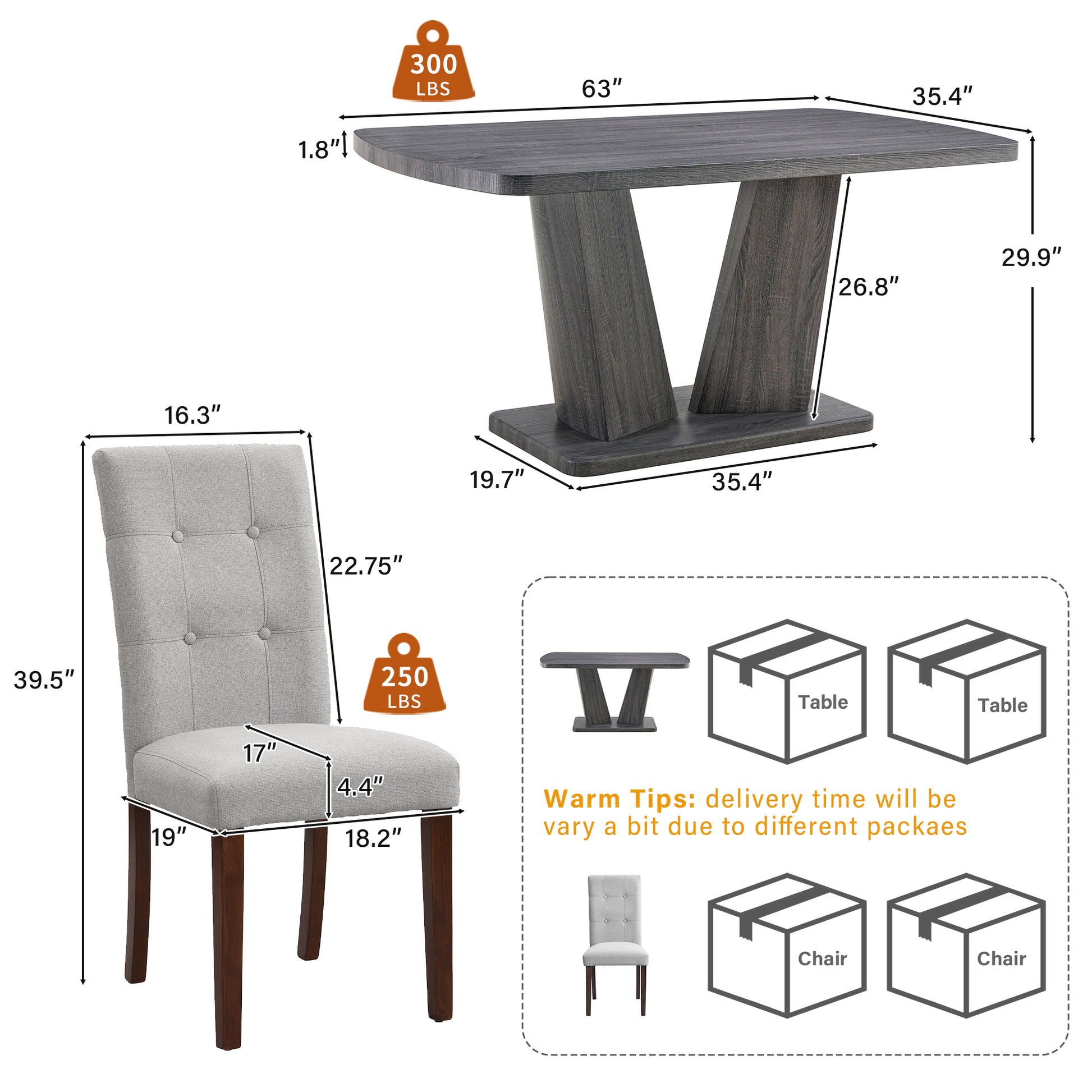 Dining Table Set For 6, 7 Piece Kitchen Table Chairs Set, 1.8" Thickness Tabletop And V Shaped Table Legs, Modern Dining Room Set With 63 Inch Dinner Table And 6 Upholstered Chairs For Dining Room Wood Gray Dining Room Classic,Mid Century Modern,Modern