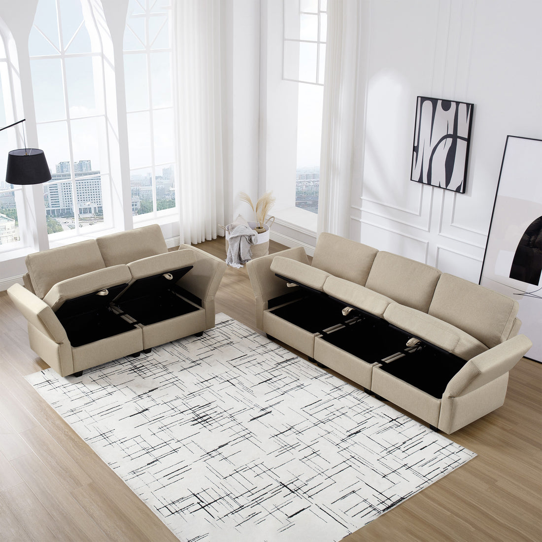 Living Room Sofa Set With 3 Seat Couch And 2 Seat Loveseat, Hidden Storage Under Seat, Soft Back Cushions And Arm Cushionsadjustable Arms And Backs Beige Beige Polyester 5 Seat