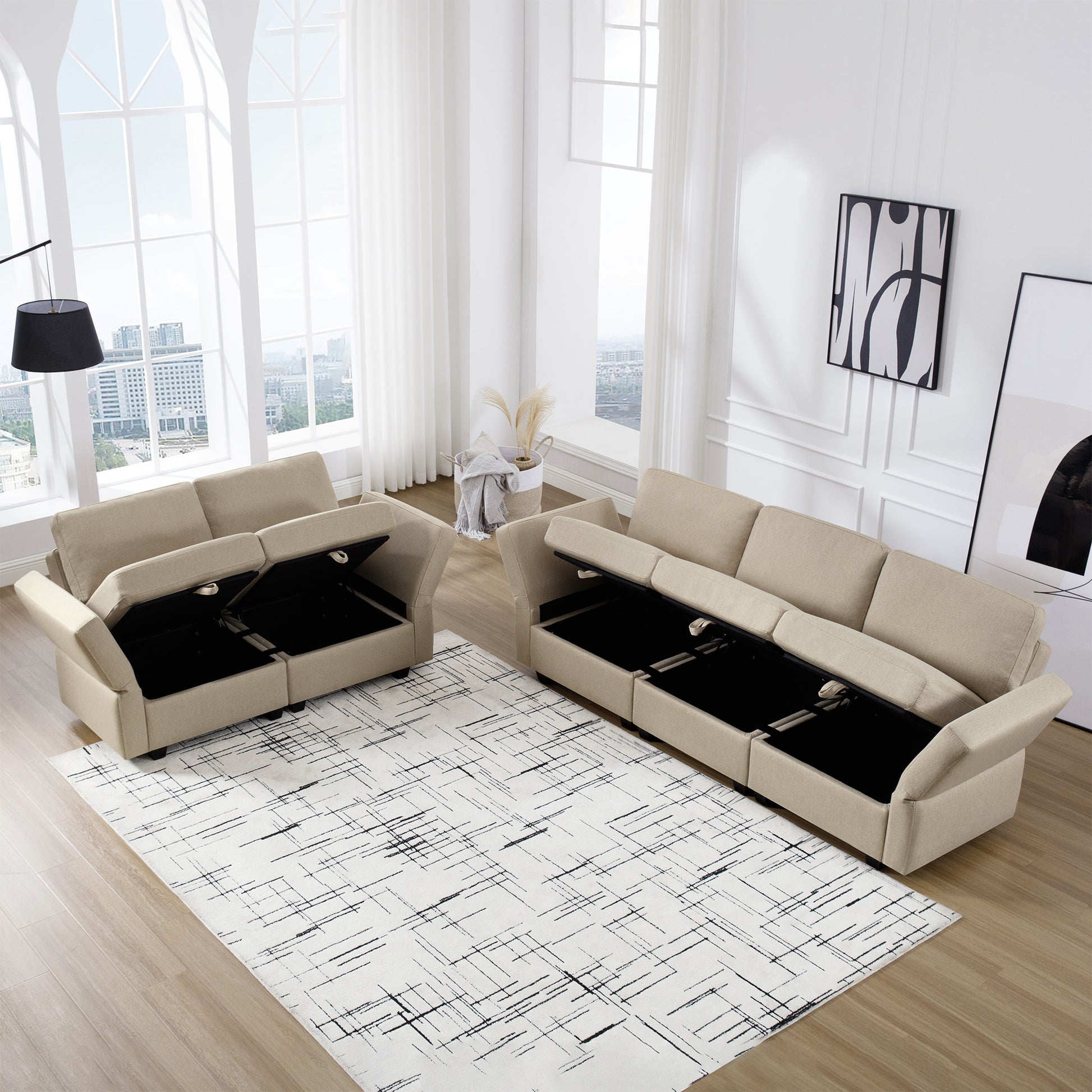 Living Room Sofa Set With 3 Seat Couch And 2 Seat Loveseat, Hidden Storage Under Seat, Soft Back Cushions And Arm Cushionsadjustable Arms And Backs Beige Beige Polyester 5 Seat