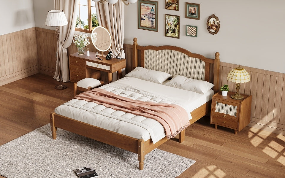 3 Pieces Bedroom Set With Queen Size Wooden Bed Frame, 1 Vintage Nightstand And 1 Makeup Vanity Set With Stool,Walnut Queen Walnut 3 Piece Set Wood