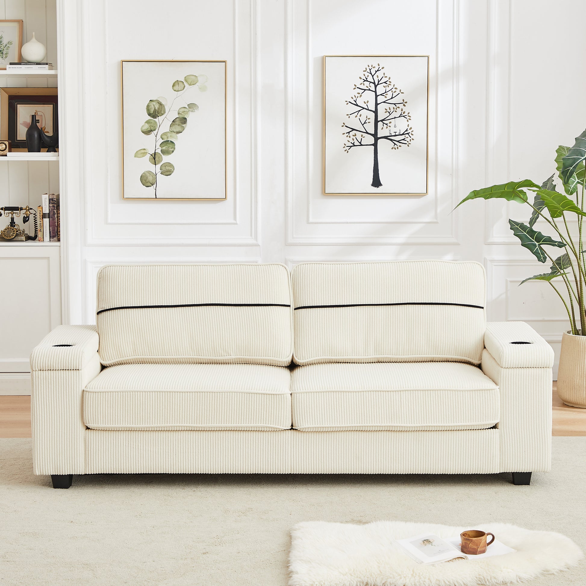 86.5 Inch Sofa Couch Deep Seat Sofa With Two Storage Spaces, T Pyce Charging Portsusb Charging Ports & 2 Cup ,Corduroy 3 Seater Couch, Modern Sofas For Living Room Beige Foam Corduroy 3 Seat