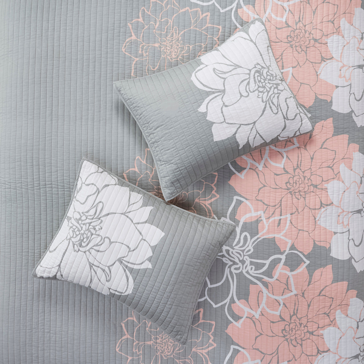 6 Piece Printed Cotton Quilt Set With Throw Pillows Grey Peach Full Queen Full Grey Peach Polyester