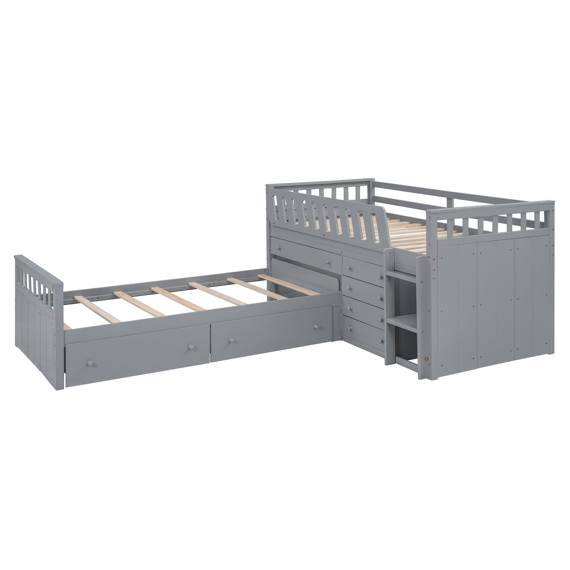 L Shaped Space Saving Twin Loft And Twin Platform Bed With 7 Drawers And Full Guardrails Gray Twin Gray Solid Wood