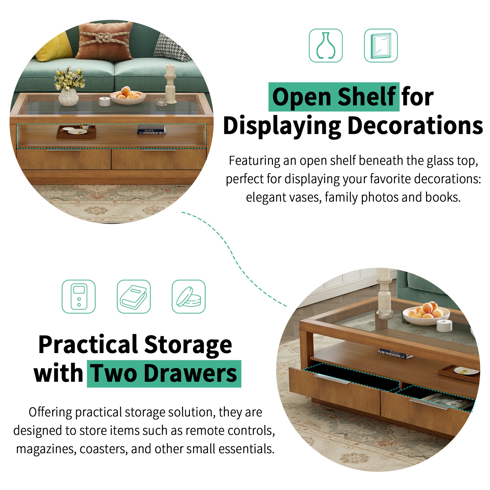 Modern Wood Coffee Table With 2 Drawers ,Minimalist Display Coffee Table With Transparent Tempered Glass, Open Storage Shelf For Living Room Brown Solid Wood Mdf