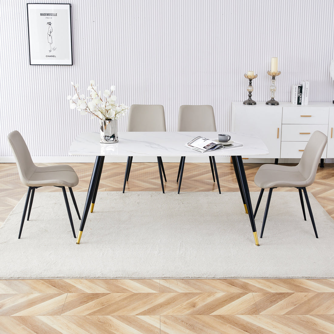 Table And Chair Set, White Imitation Marble Texture Rock Board Table Top, Black Metal Table Legs, Stable And Beautiful. Modern Simple Dining Table, Comfortable Seating. White Gray Seats 4 Metal