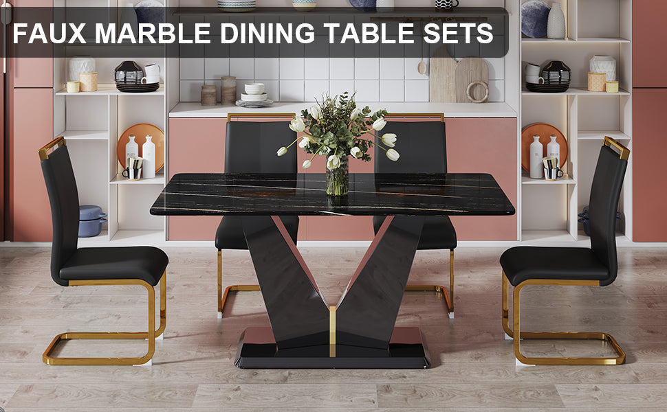 Table And Chair Set,Modern Minimalist Rectangular Dining Table, 0.4 Inch Thick, With A Black Imitation Marble Pattern Glass Desktop And Black Mdf Legs. Comfortable Pu Seats,Perfect For Dinner, Meet Black Seats 4 Mdf Glass