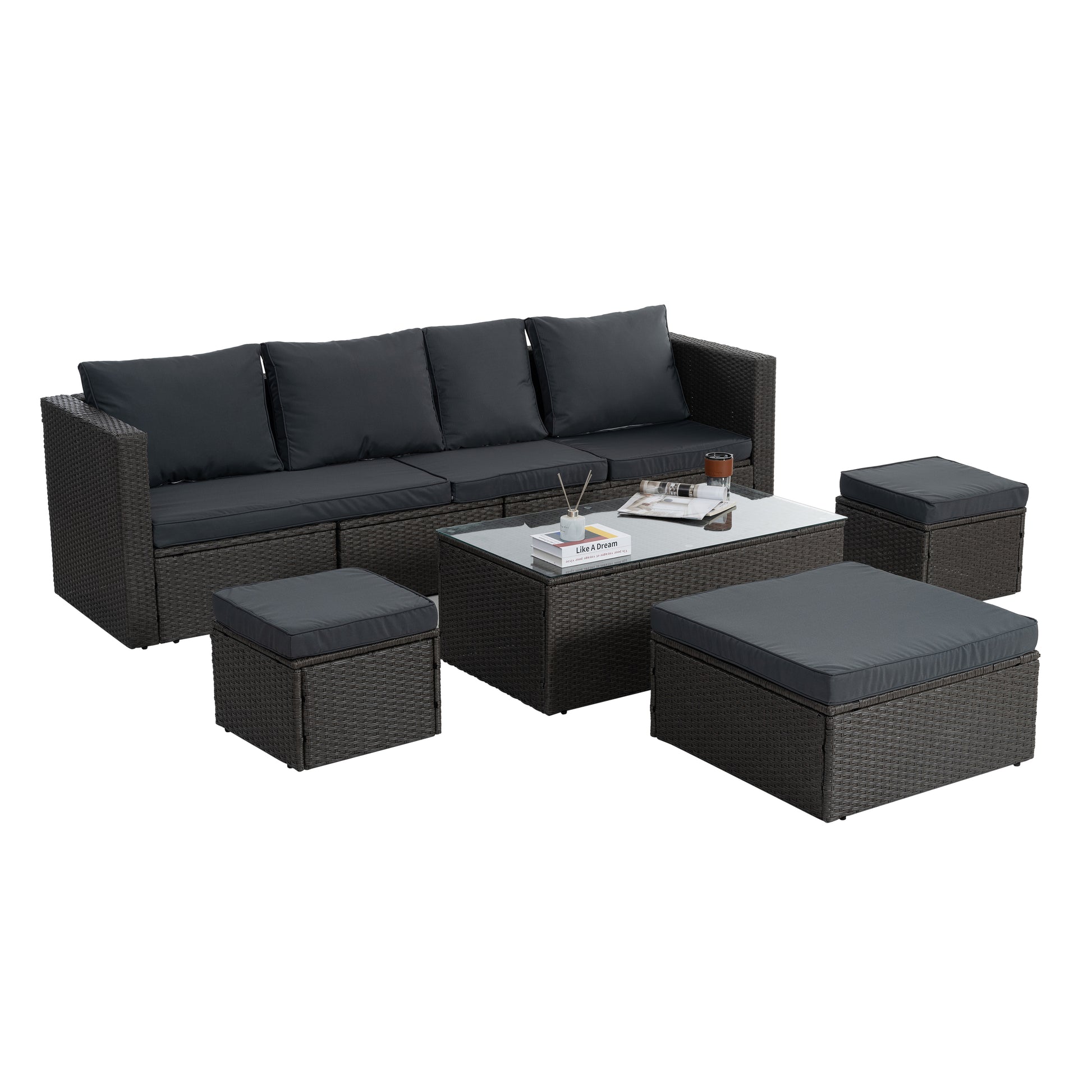 Patio Furniture, Outdoor Furniture, Seasonal Pe Wicker Furniture,7 Pcs Set Wicker Furniture With Lounger Sofa Yes Dark Gray Seats 6 Pe Rattan Iron Waterproof Fabric