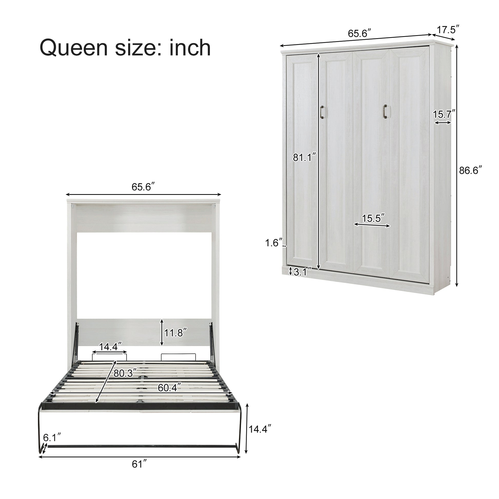 Queen Size Half Self Close And Open Murphy Bed With 1 Side Cabinet Storage Shelf, Cabinet Space Saving Bed Perfect For Guest Room, Bed Room, Guest Room, Home Office, Rustic White Box Spring Not Required Queen Rustic White Wood White Pine Murphy Solid