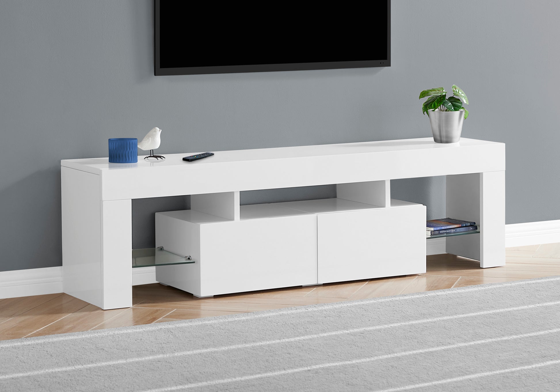 Tv Stand, 63 Inch, Console, Media Entertainment Center, Storage Cabinet, Living Room, Bedroom, Glossy White Laminate, Contemporary, Modern White 80 89 Inches Mdf