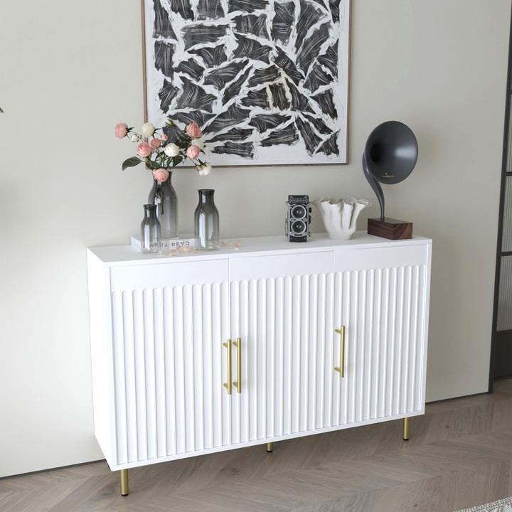 3 Door Large Storage Sideboard With Gold Handles For Kitchen, Dining Room And Living Room.55.12" W Accent White Buffet Cabinet, Coffee Bar Sideboard Cabinet With 3 Doors White White Particle Board