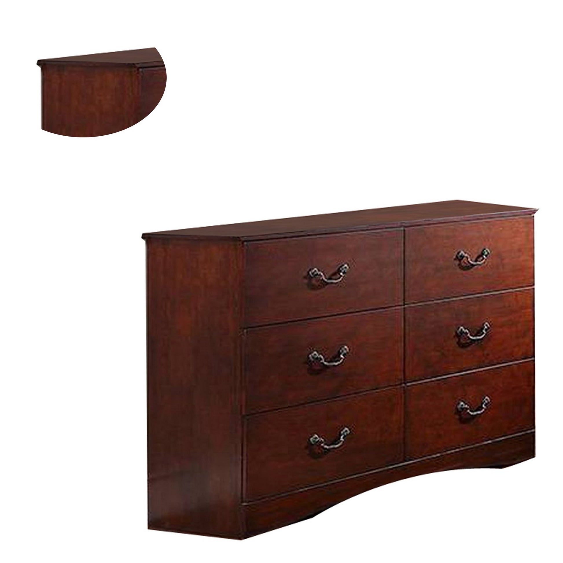 Bran 54 Inch 6 Drawer Dresser, Pine Wood, Grain Details, Cherry Brown Brown Wood