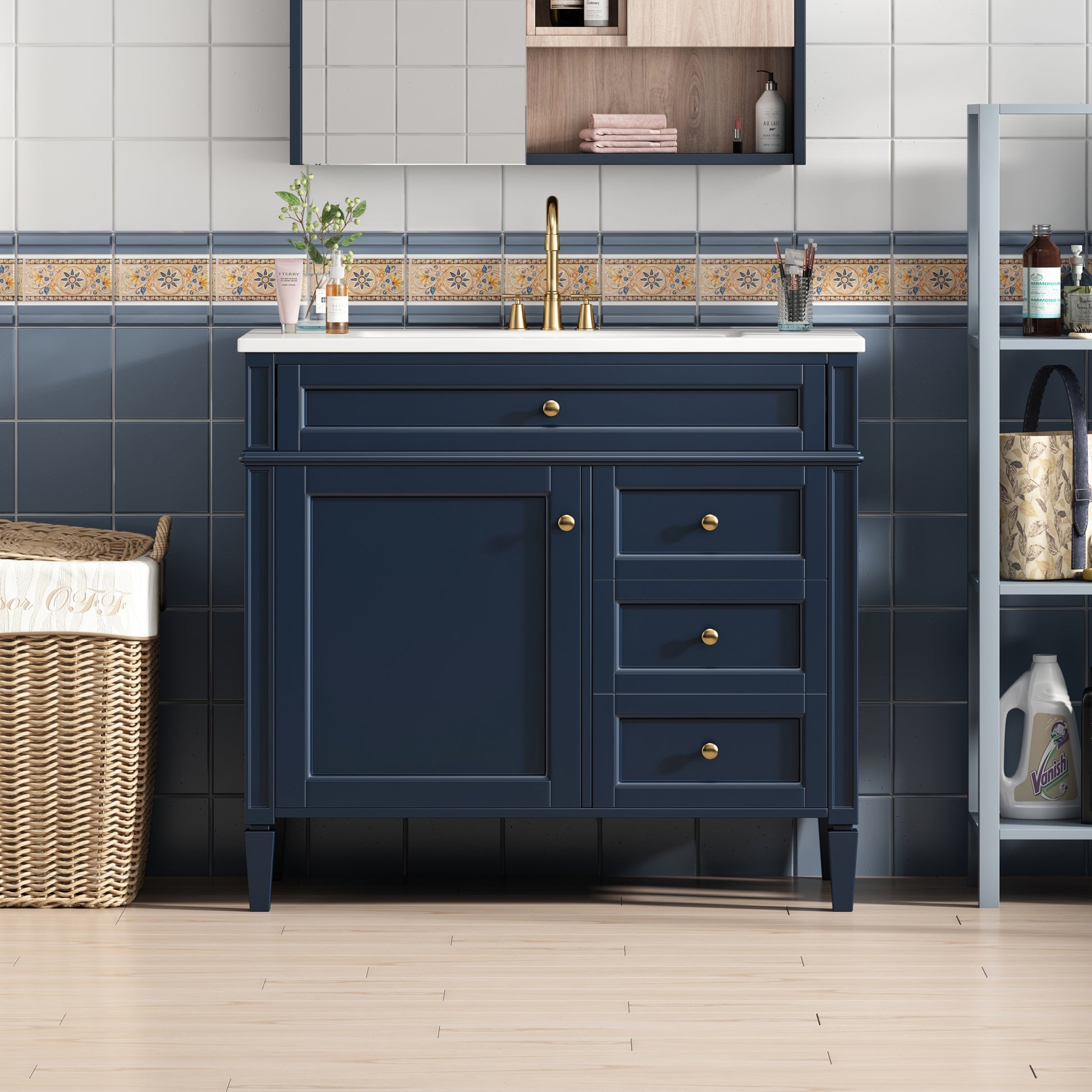 36'' Bathroom Vanity With Top Sink, Modern Bathroom Storage Cabinet With 2 Drawers And A Tip Out Drawer, Single Sink Bathroom Vanity Blue Bathroom Solid Wood Mdf Resin